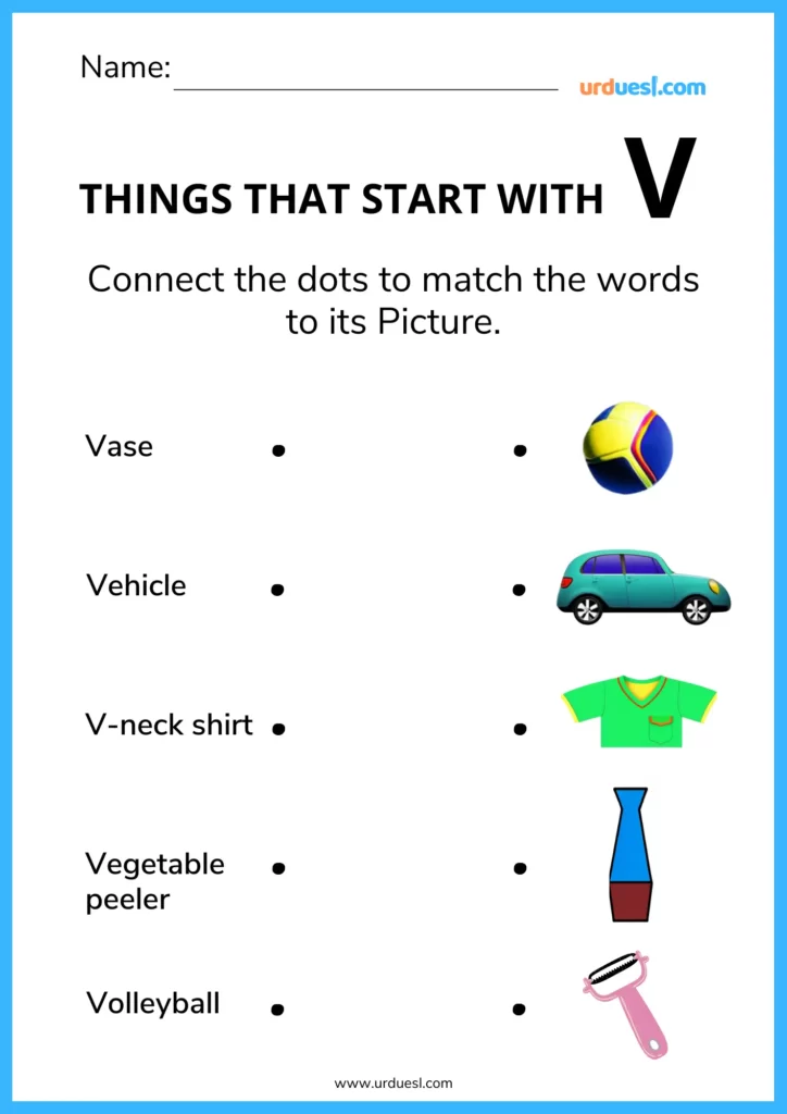 Image of a printable Letter V worksheet for children featuring words to be traced to respective illustrations. 