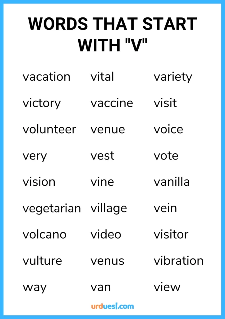 Image showing a collection of easy and common words that start with the letter V.