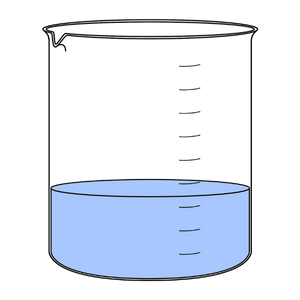 Clear glass beaker containing liquid with a measurement scale, used for scientific experiments and laboratory work.