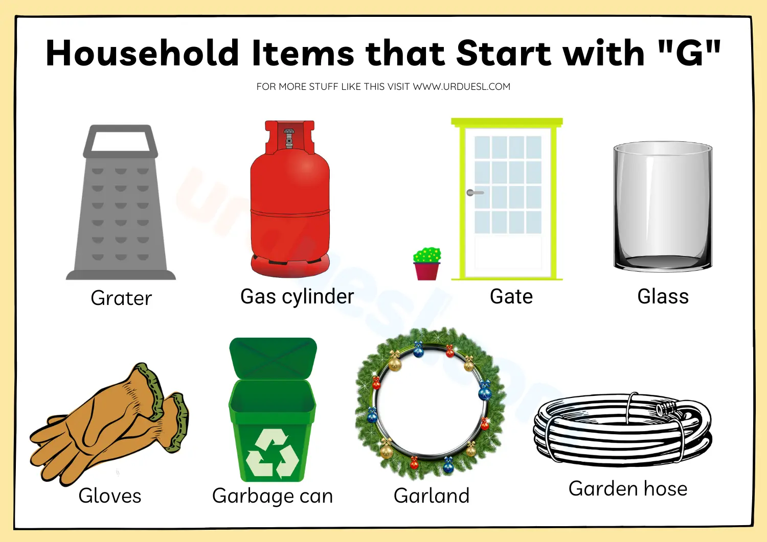 An image showing various household items that start with the letter 'G.' These items include a garbage can, glassware, garden hose, and more.