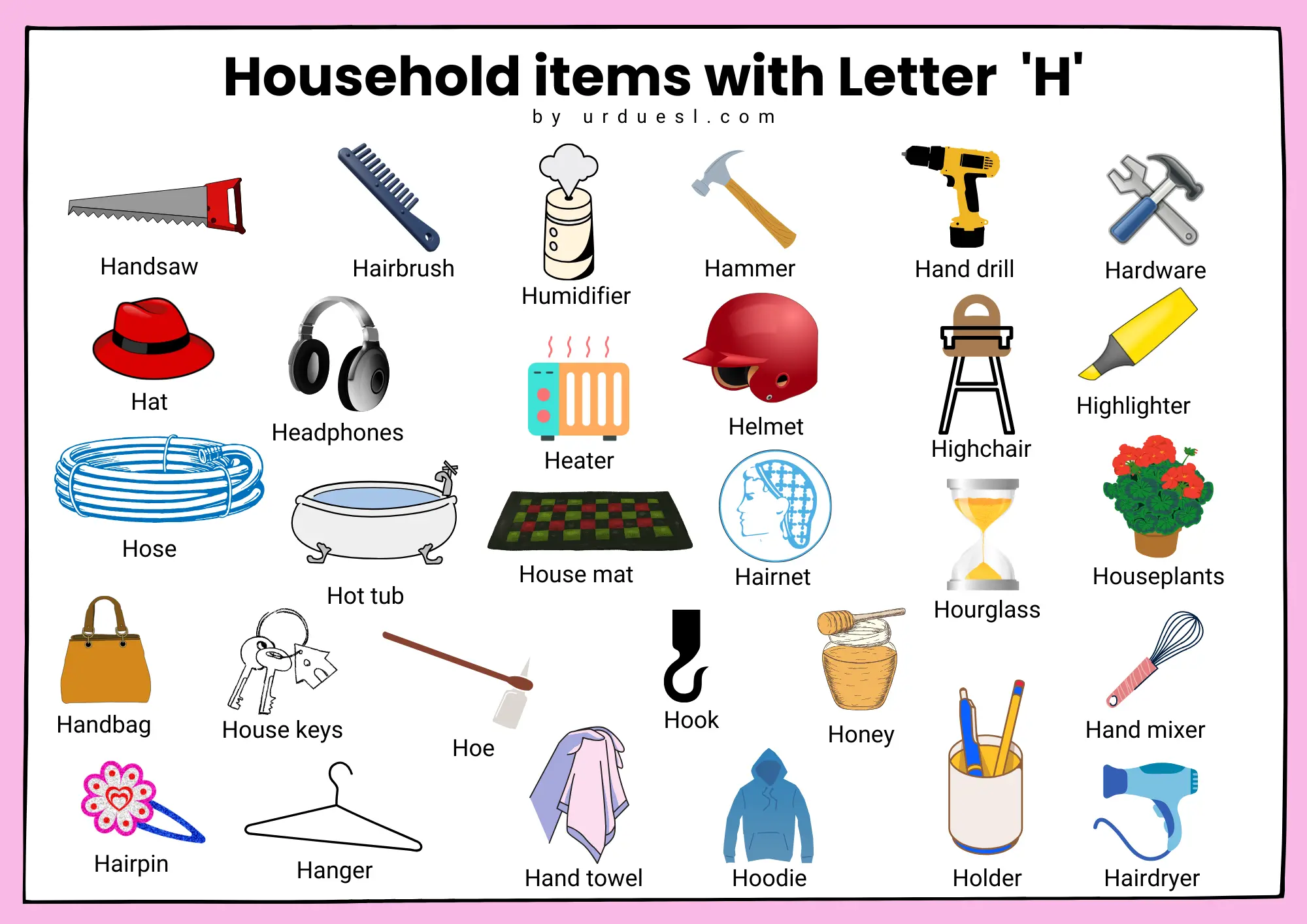 A collage of various household items starting with the letter "H." The items include a hat, hammer, hanger, helmet, and a headphone, among others.